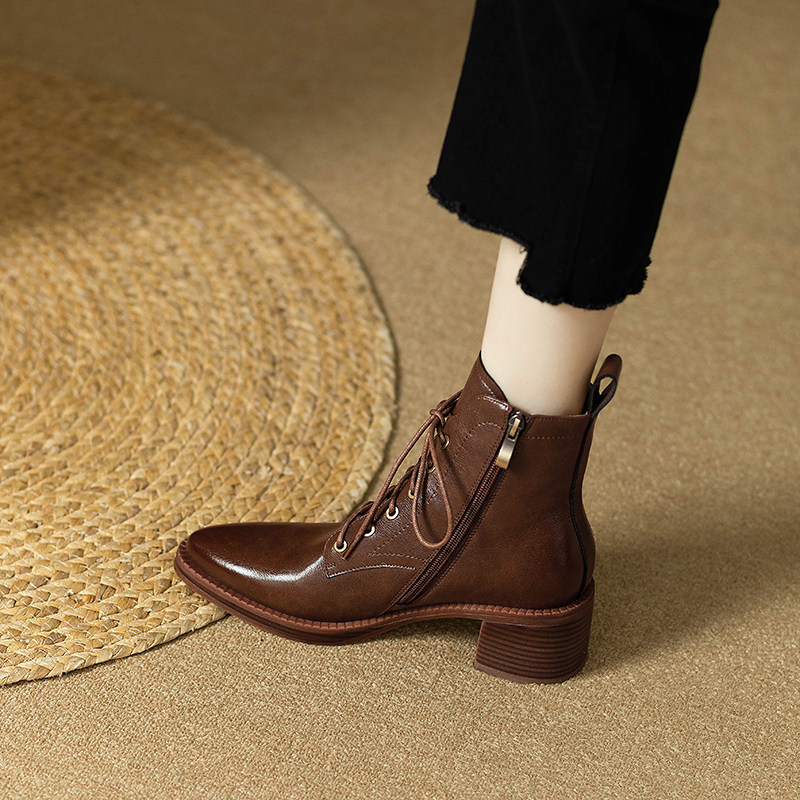 2025秋冬复古英伦真皮及踝靴法式尖头粗跟切尔西短靴女系带马丁靴,淘宝优惠券,粉丝福利购,淘宝优惠卷