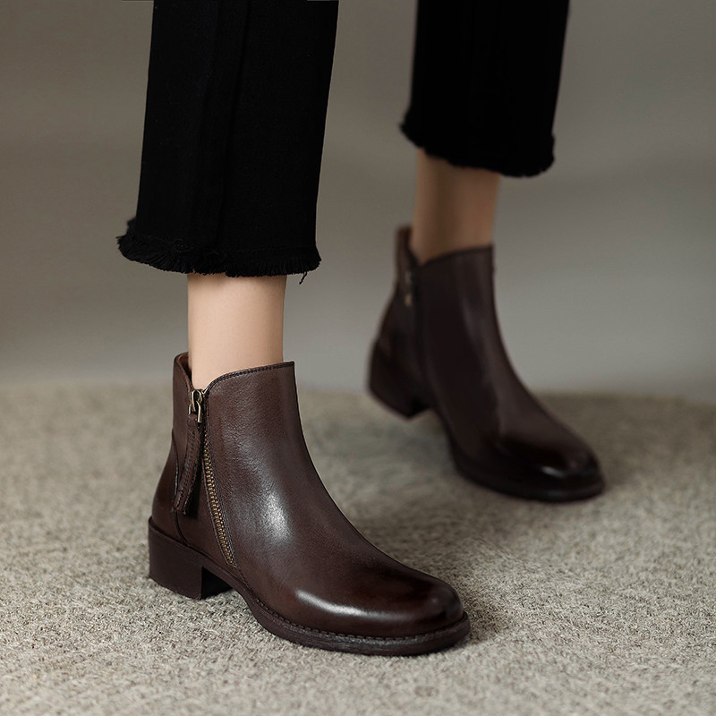 秋冬季圆头英伦风真皮切尔西短靴复古棕色马丁靴女平底低跟及踝靴,淘宝优惠券,粉丝福利购,淘宝优惠卷