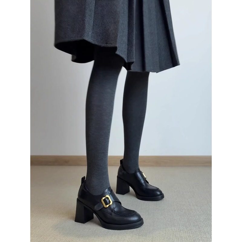 店主自留~5-7cm真皮圆头皮带扣金属乐福鞋女英伦风高跟深口单鞋女,淘宝优惠券,粉丝福利购,淘宝优惠卷