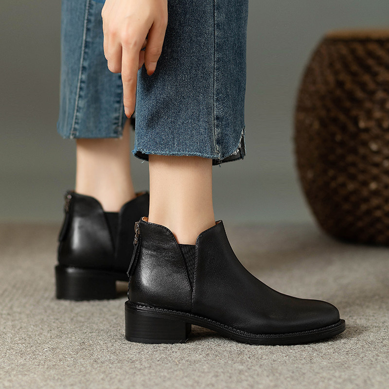 棕色复古切尔西靴秋冬季真皮粗跟短靴女单靴百搭中跟后拉链及裸靴,淘宝优惠券,粉丝福利购,淘宝优惠卷