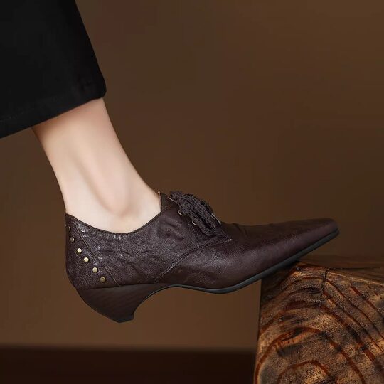 British genuine leather pointed toe lace-up thick heel loafers for women