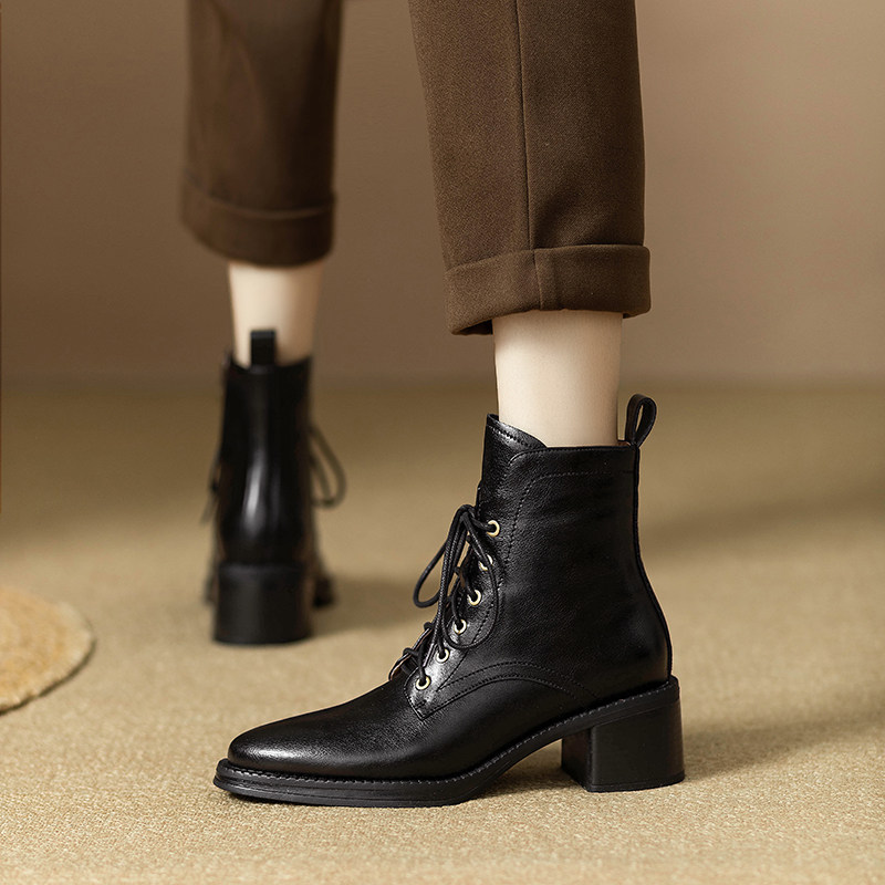 2025秋冬复古英伦真皮及踝靴法式尖头粗跟切尔西短靴女系带马丁靴,淘宝优惠券,粉丝福利购,淘宝优惠卷