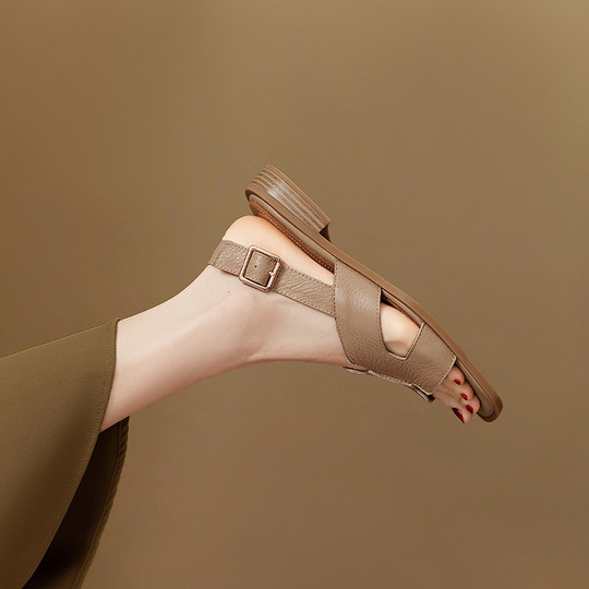 Women's genuine leather square toe open toe comfortable and simple sandals