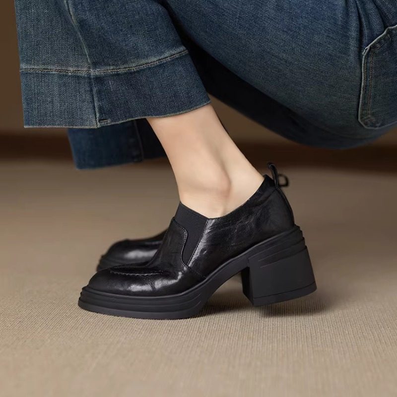 【羊皮版】7cm针织拼接厚底乐福鞋女小众粗跟小个子高跟深口单鞋,淘宝优惠券,粉丝福利购,淘宝优惠卷