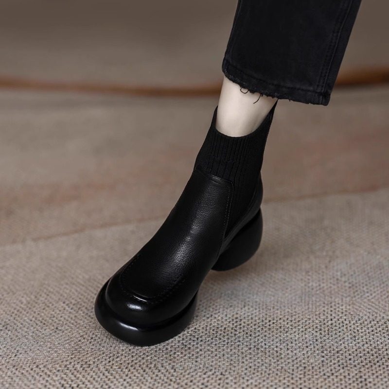 巨软法式复古真皮厚底粗跟短靴女不累脚毛线口瘦瘦靴拼接弹力袜靴,淘宝优惠券,粉丝福利购,淘宝优惠卷