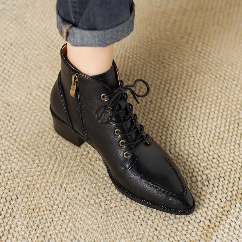 2025法式尖头短靴女新款系带复古真皮马丁靴秋冬及踝靴中跟小皮鞋,淘宝优惠券,粉丝福利购,淘宝优惠卷