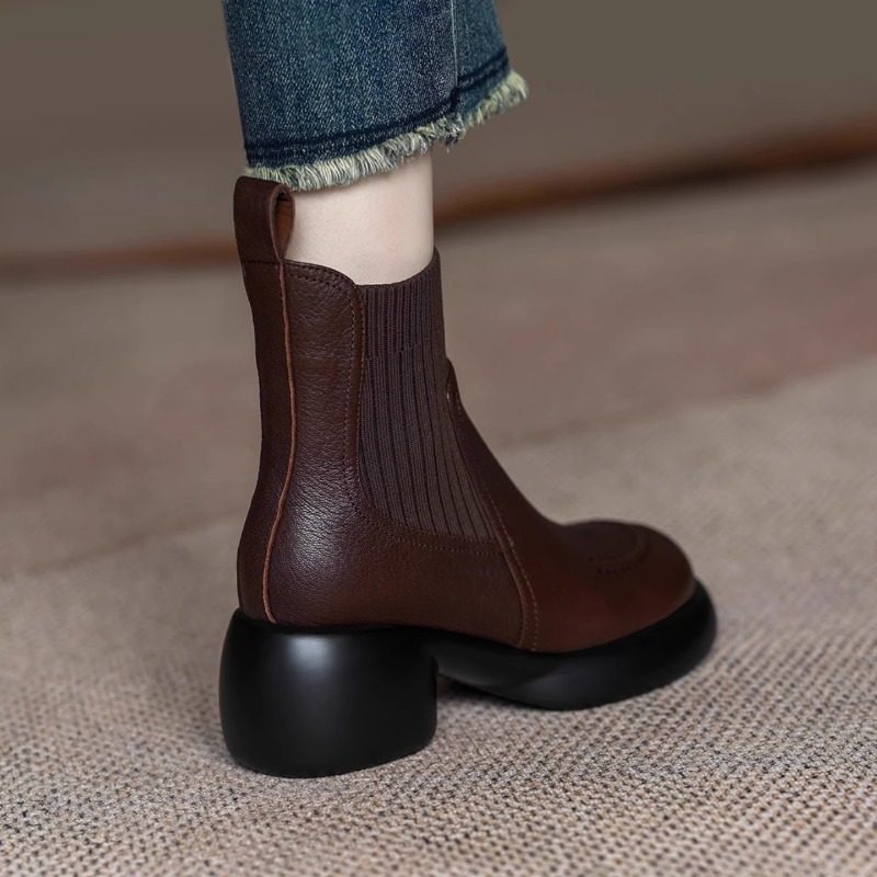 巨软法式复古真皮厚底粗跟短靴女不累脚毛线口瘦瘦靴拼接弹力袜靴,淘宝优惠券,粉丝福利购,淘宝优惠卷