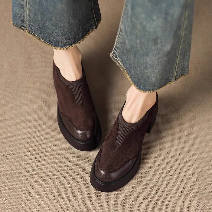 圆头粗跟深口单鞋女一脚蹬拼接厚底高跟乐福鞋小个子英伦风小皮鞋,淘宝优惠券,粉丝福利购,淘宝优惠卷