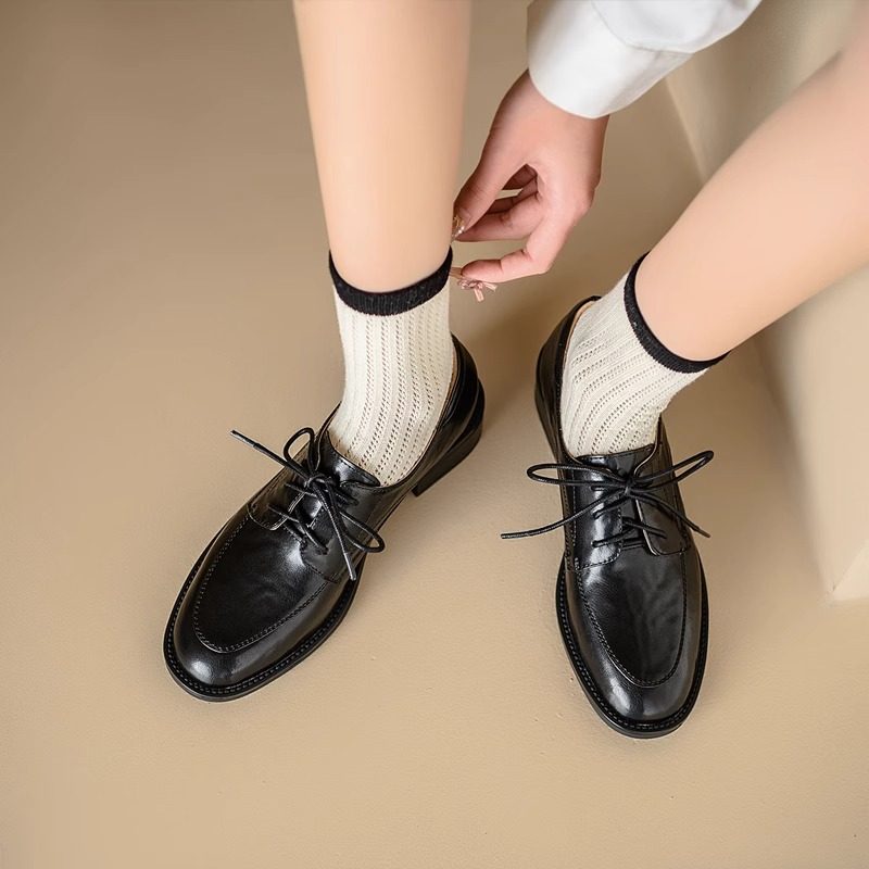 英伦风复古系带小皮鞋女低跟圆头真皮深口新款单鞋软皮棕色乐福鞋,淘宝优惠券,粉丝福利购,淘宝优惠卷