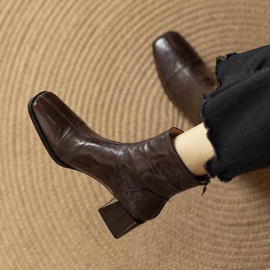 Retro British square toe short boots slim boots Martin boots