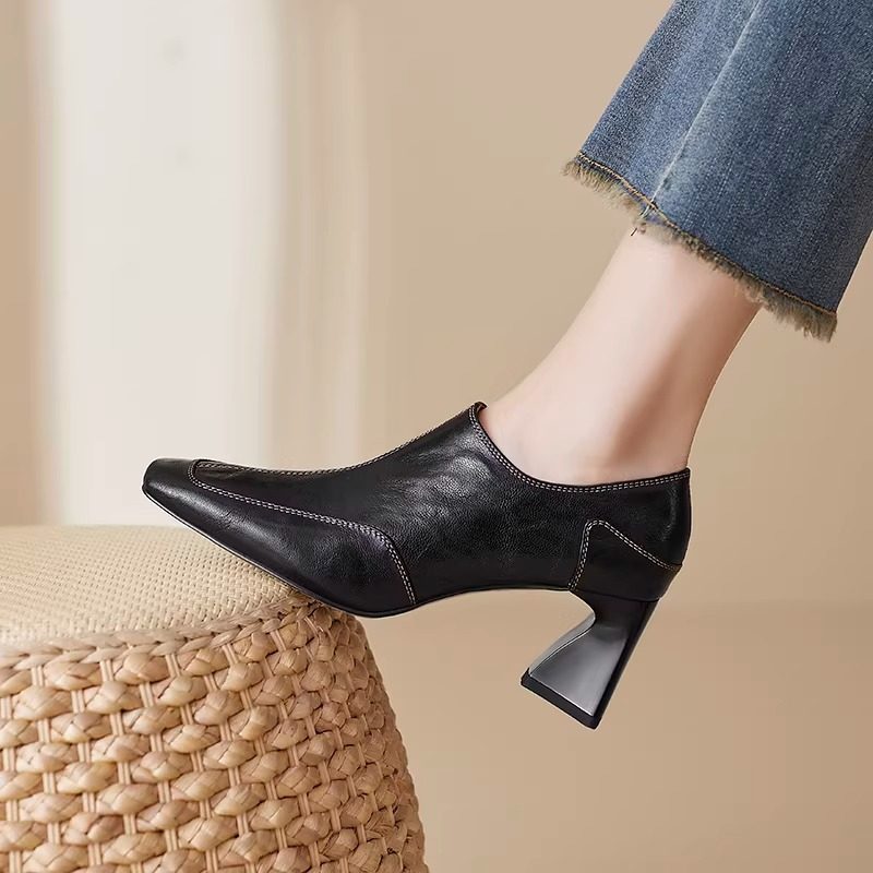 法式复古深口粗跟高跟鞋女2025新款侧拉链真皮方头单鞋软底小皮鞋,淘宝优惠券,粉丝福利购,淘宝优惠卷