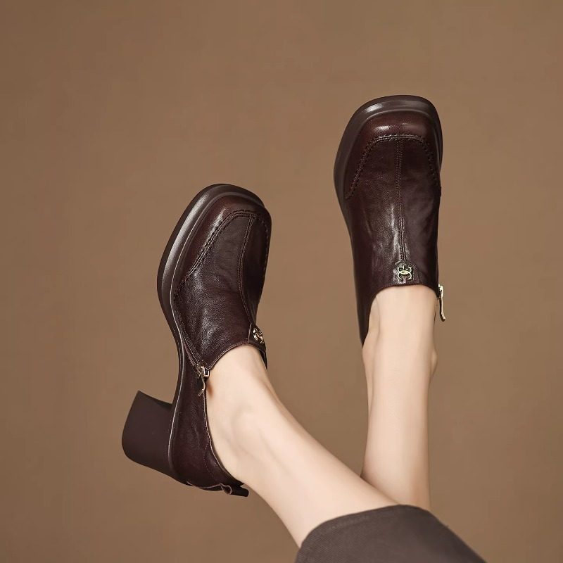 复古英伦深口单鞋女气质显瘦百搭小皮鞋棕色粗高跟小个子乐福鞋女,淘宝优惠券,粉丝福利购,淘宝优惠卷