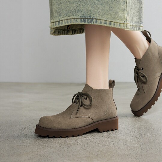 Retro round toe nubuck genuine leather British style Martin boots for women