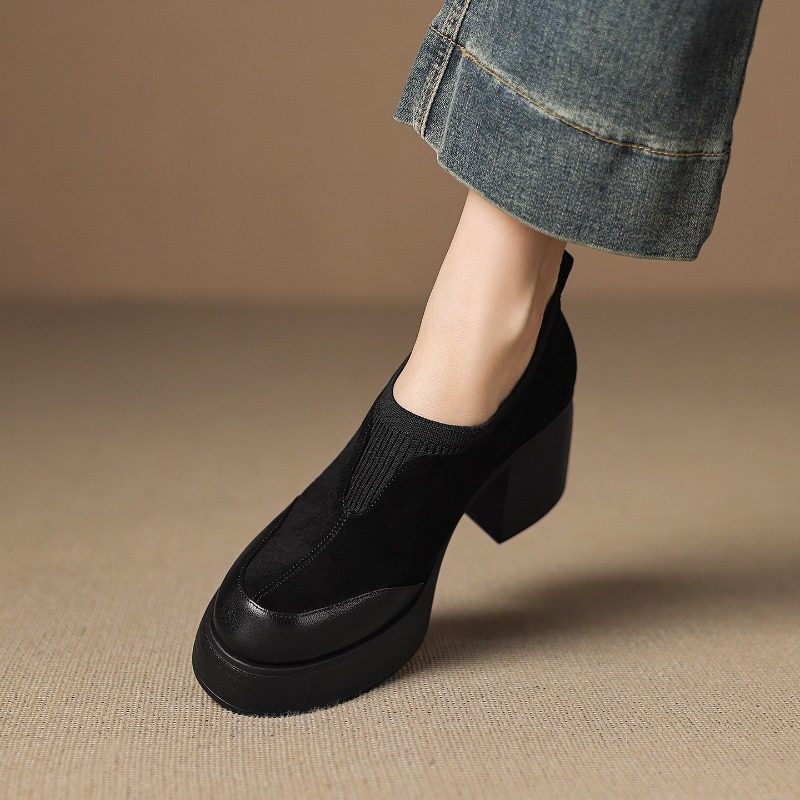 圆头粗跟深口单鞋女一脚蹬拼接厚底高跟乐福鞋小个子英伦风小皮鞋,淘宝优惠券,粉丝福利购,淘宝优惠卷