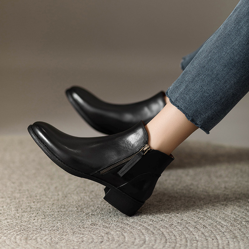 秋冬季圆头英伦风真皮切尔西短靴复古棕色马丁靴女平底低跟及踝靴,淘宝优惠券,粉丝福利购,淘宝优惠卷