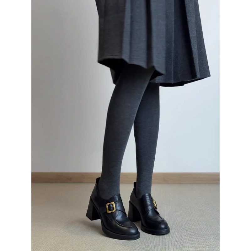 店主自留~5-7cm真皮圆头皮带扣金属乐福鞋女英伦风高跟深口单鞋女,淘宝优惠券,粉丝福利购,淘宝优惠卷