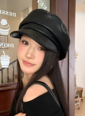 英伦PU皮女秋冬报童帽高级感