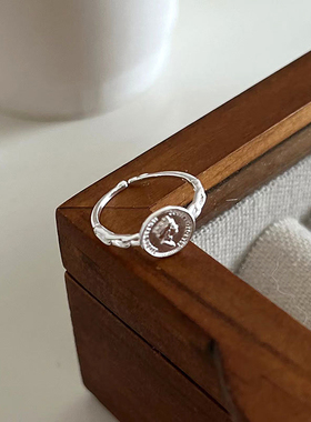 925纯银欧美圆牌戒指女开口设计