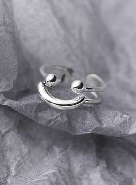 韩国笑脸圆球戒指女通体纯银材质