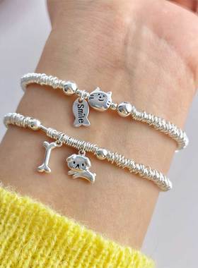 通体s925纯银简约小众smile小鱼喵咪银圈手链卡通小狗骨头手环女