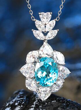 18K金镶嵌椭圆形培育帕拉伊巴蓝宝石项链S925银饰定制椭圆形吊坠