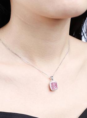 枕形粉钻项链女纯银长方钻人造钻石彩宝围镶玫瑰金冰糖锆石锁骨链