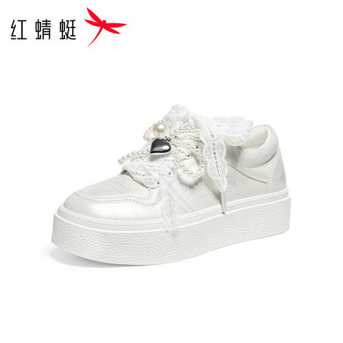 红蜻蜓休闲板鞋2025秋季新款女鞋厚底增高串珠蕾丝小白鞋运动鞋女 - 图0