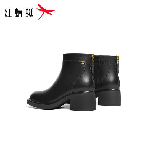红蜻蜓妈妈鞋子2025冬新款女鞋粗跟加绒保暖皮鞋中年女士高跟靴子 - 图2