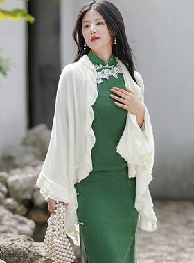 秋冬季时尚女式百搭旗袍披肩小香风贵妇加绒针织披肩宴会礼服披肩