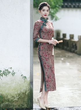 2024年春新款中国风修身复古时尚优雅大方长款短袖旗袍连衣裙礼服