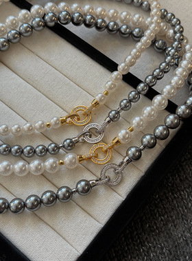 法式真多麻铂金银灰色珍珠项链