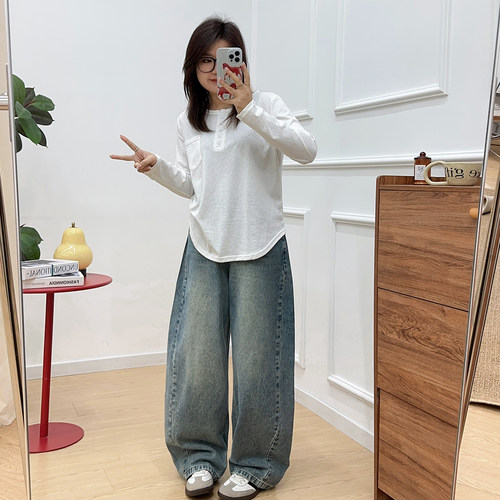 宛宛大码牛仔阔腿弯刀裤女2026新款胖mm梨形身材宽松香蕉裤镰刀裤 - 图2