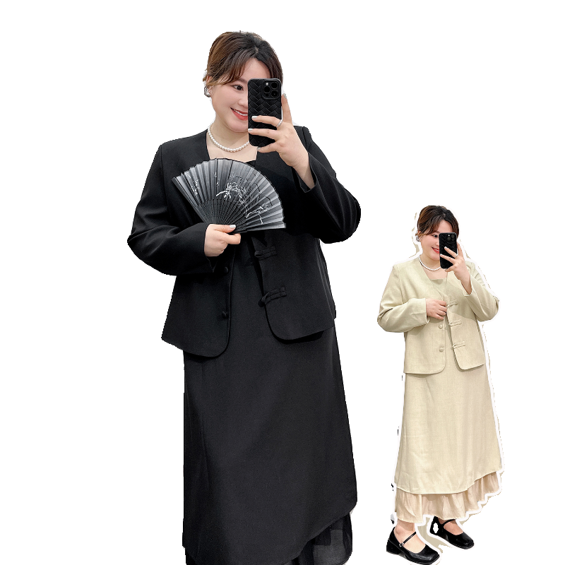 宛宛大码女装胖妹妹mm遮肉显瘦法式时髦新中式西装吊带连衣裙套装,淘宝优惠券,粉丝福利购,淘宝优惠卷