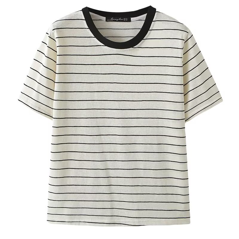 宛宛大码女装胖mm学院风细条纹圆领短袖春夏宽松显瘦休闲T恤上衣 - 图3