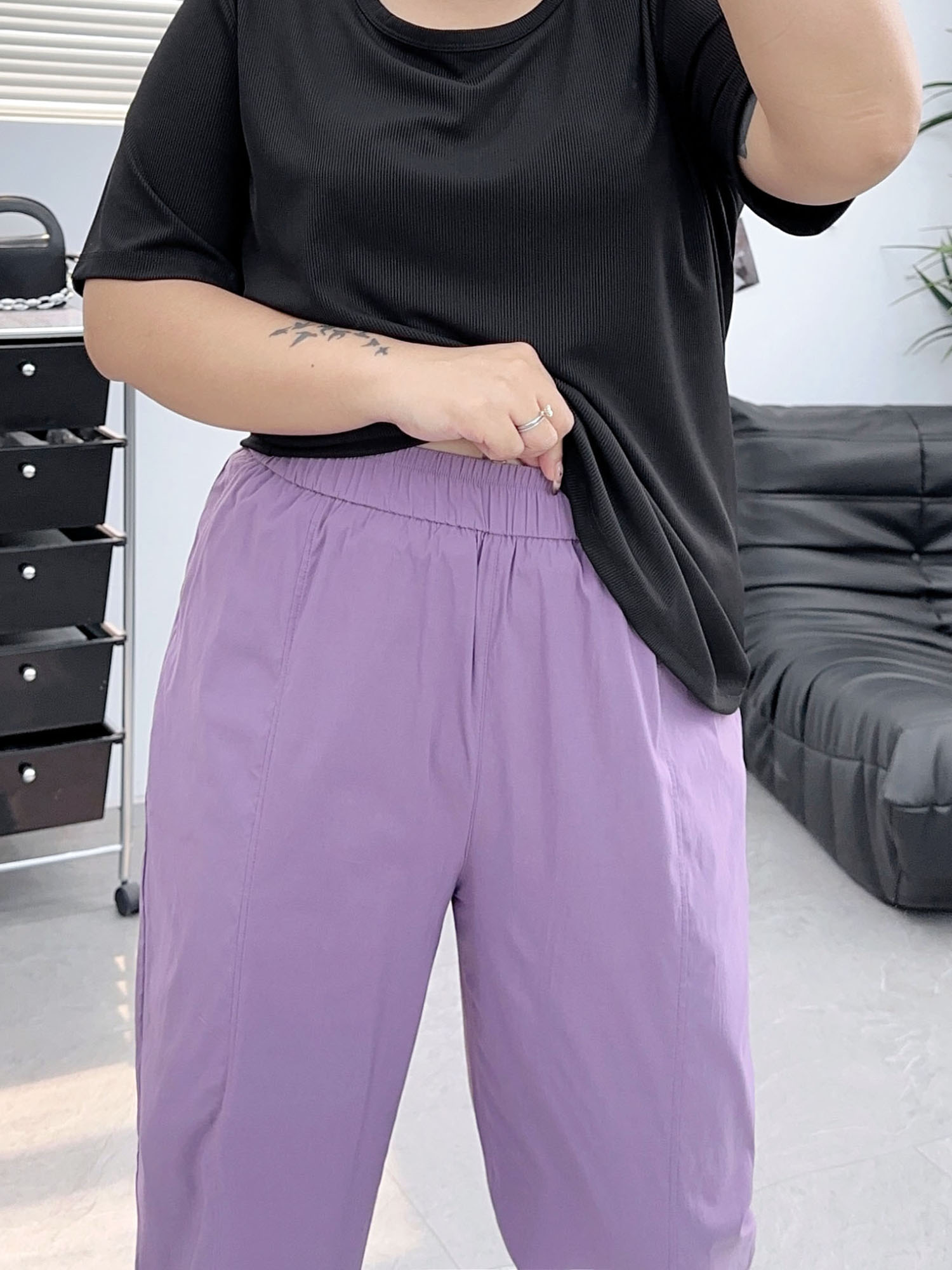 夏季薄款速干萝卜裤子女2023新款大码哈伦裤胖mm显瘦九分裤小个子 - 图0