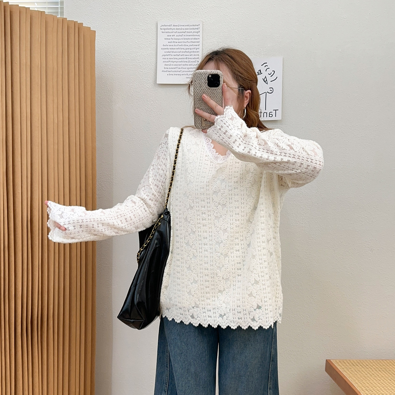 宛宛大码女装遮肚子钩花V领蕾丝衫女胖妹妹宽松显瘦中长款打底衫,淘宝优惠券,粉丝福利购,淘宝优惠卷