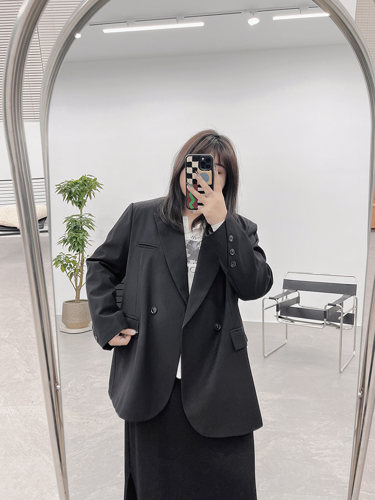 宛宛家微胖大码廓形小西装外套女早春胖mm高级感气质休闲西服上衣 - 图0
