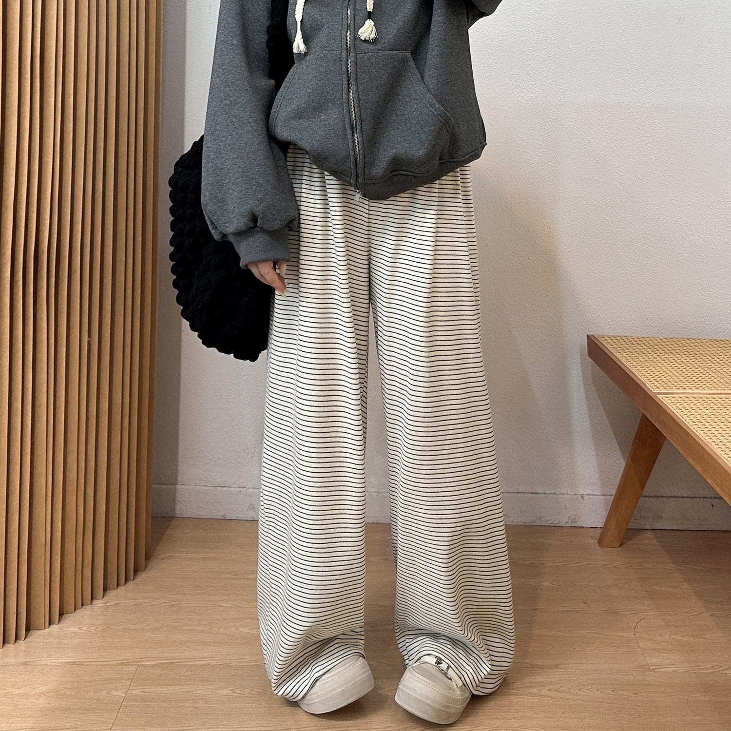 宛宛大码黑白条纹阔腿裤女秋冬季胖mm遮肉显瘦慵懒休闲针织糯米裤,淘宝优惠券,粉丝福利购,淘宝优惠卷