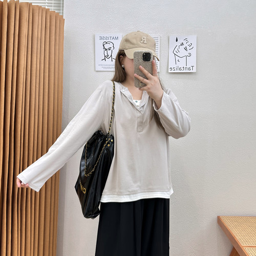 宛宛大码女装设计感假两件宽松长袖T恤秋季胖mm显瘦上衣打底衫女 - 图0