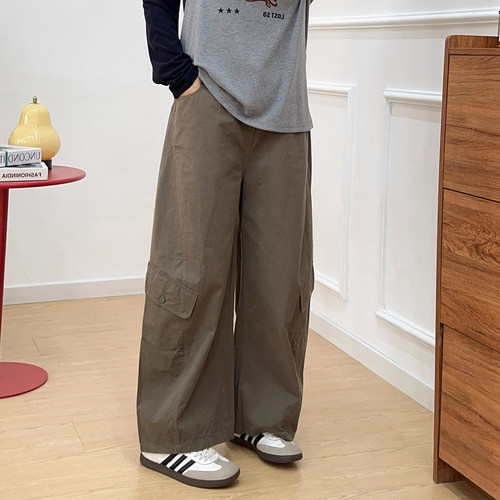 宛宛大码胖MM工装裤女春季新款高腰小个子宽松显瘦阔腿休闲弯刀裤 - 图0