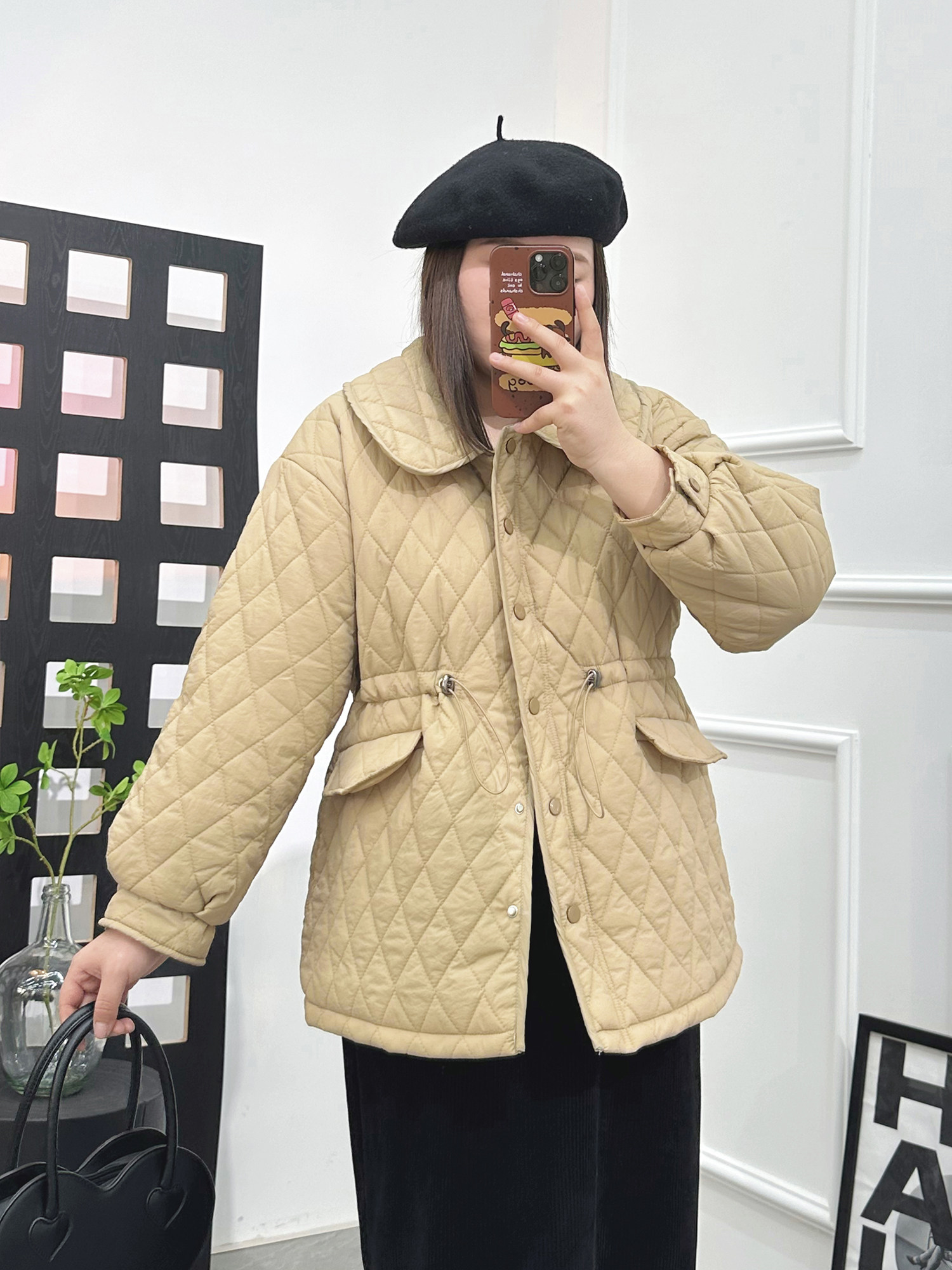 2023年冬季新款保暖外套胖MM中长款菱格立领收腰抽绳大码女装棉服,淘宝优惠券,粉丝福利购,淘宝优惠卷