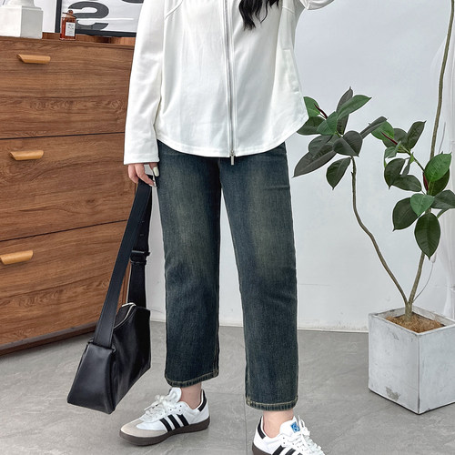 九分直筒小个子牛仔裤女秋季胖mm高腰显瘦宽松弹力百搭烟管裤子 - 图0