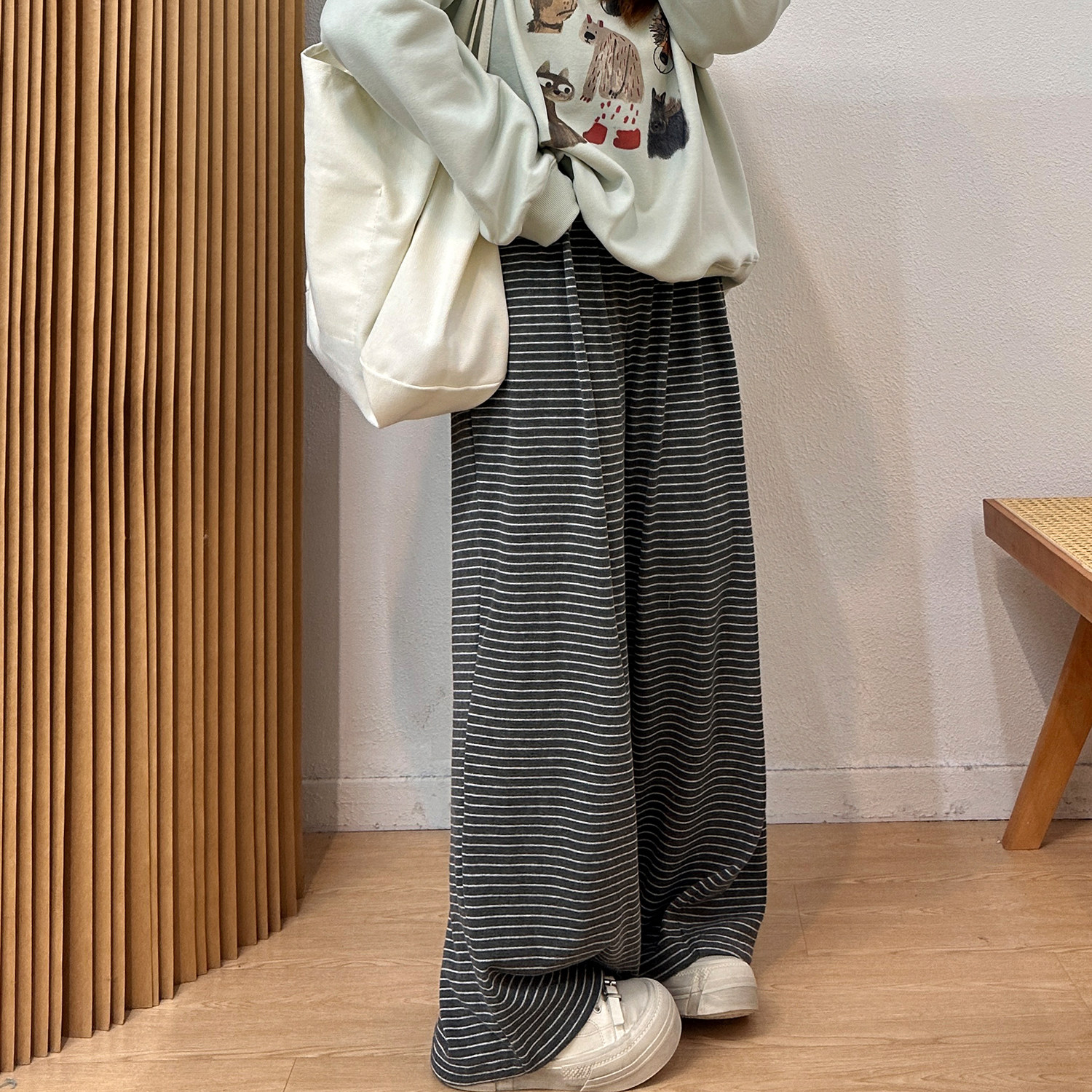 宛宛大码黑白条纹阔腿裤女秋冬季胖mm遮肉显瘦慵懒休闲针织糯米裤,淘宝优惠券,粉丝福利购,淘宝优惠卷