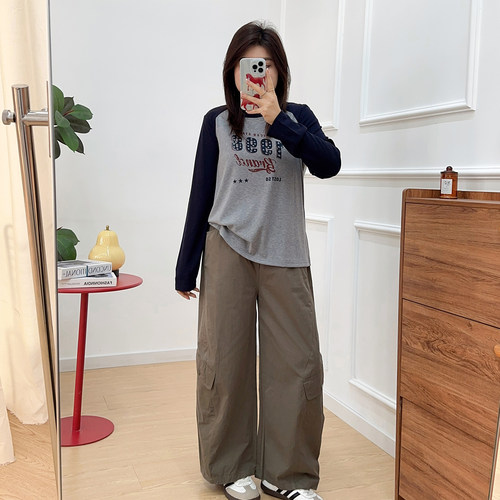 宛宛大码胖MM工装裤女春季新款高腰小个子宽松显瘦阔腿休闲弯刀裤 - 图2