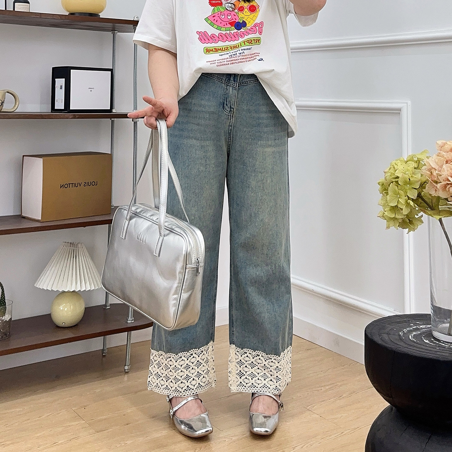 大码女装复古蕾丝拼接直筒牛仔裤春夏设计感高腰宽松阔腿九分裤子,淘宝优惠券,粉丝福利购,淘宝优惠卷