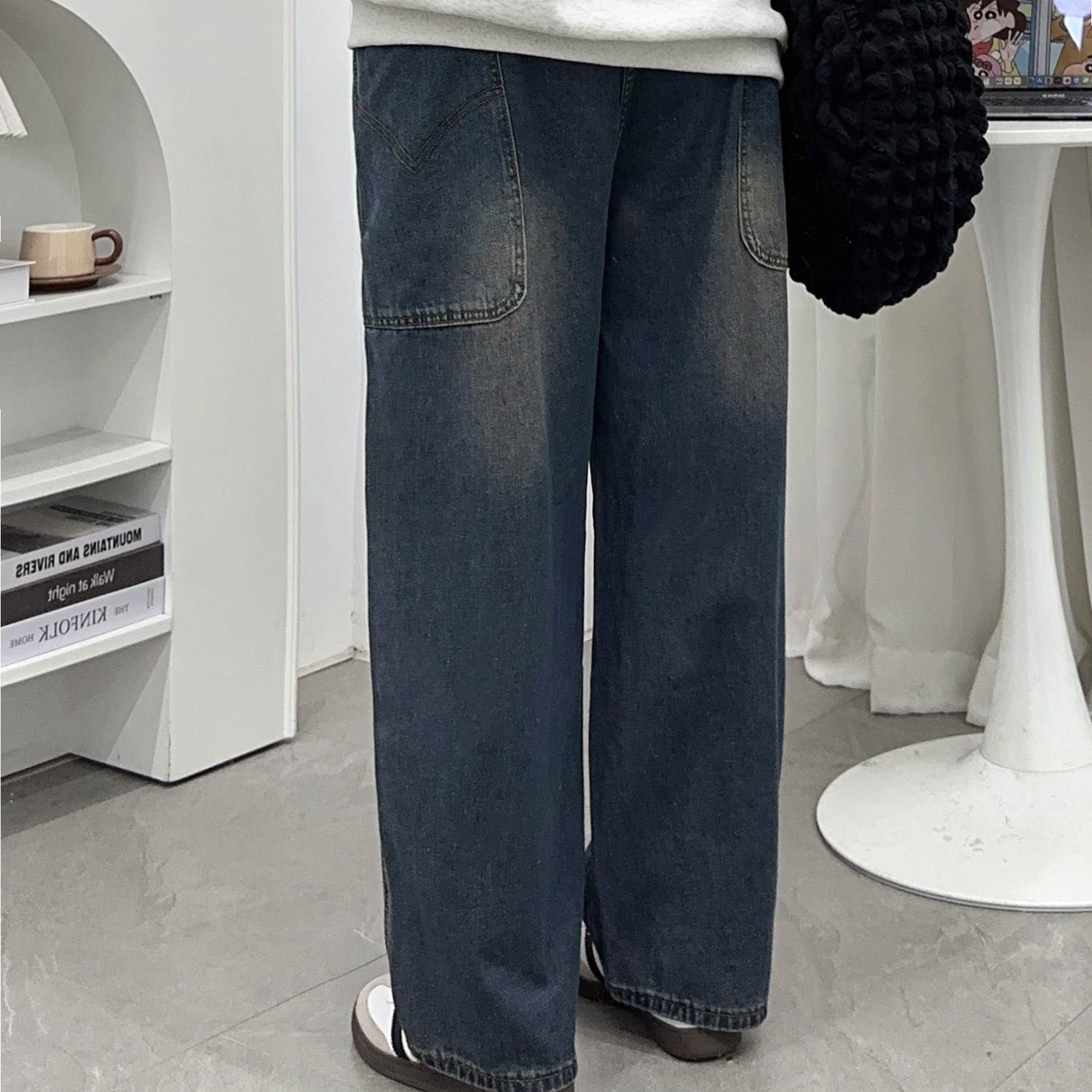 秋季大码美式复古蓝阔腿牛仔裤女胖mm高腰显瘦梨形身材宽松直筒裤,淘宝优惠券,粉丝福利购,淘宝优惠卷