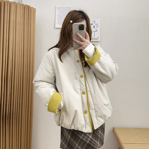 宛宛大码冬季新款胖妹妹撞色棉服女韩系简约通勤百搭保暖棉衣外套 - 图0