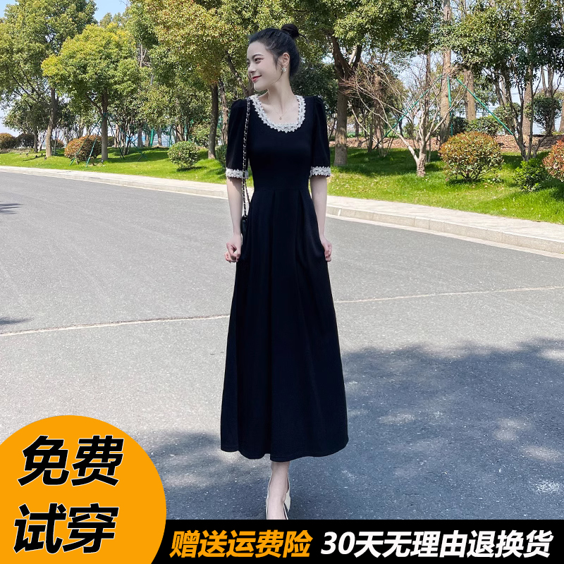 夏季蕾丝边短袖长款连衣裙女2024年新款高级感显瘦长裙黑色裙子