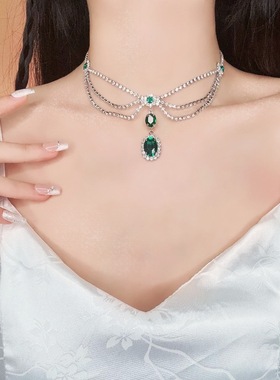 银针镶钻多层项链耳环套装欧美复古风祖母绿锆石感气质饰品女