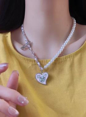 彩色土星珍珠爱心拼接项链女款2025新款感夏日多巴胺锁骨链潮